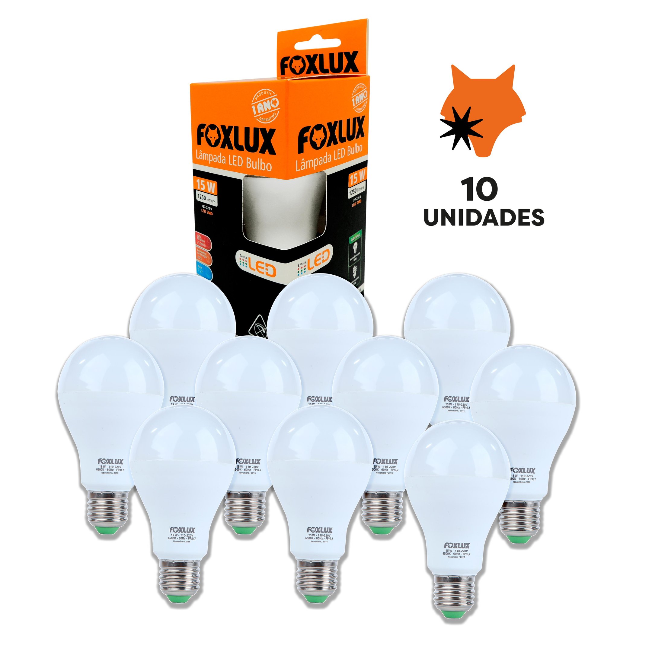 Kit com 10 Lâmpadas LED Bulbo 15W 6500K Luz Branca Bivolt – Foxlux - 1