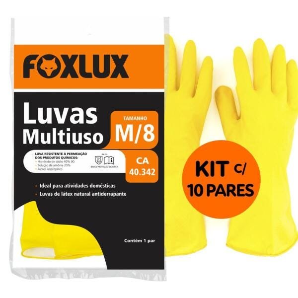 Kit com 10 Luvas Multiuso Látex Antiderrapante – Foxlux EG - 1