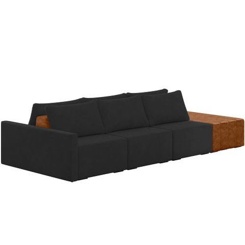 Sofá Ilha Modular para Sala 312cm com Puff Dublin K01 Veludo Preto Sintético Caramelo - Lyam Decor