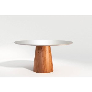 Mesa de Jantar Cone Redonda 110cm em Laca 4 A 6 Lugares - Branco e Madeira Feijó