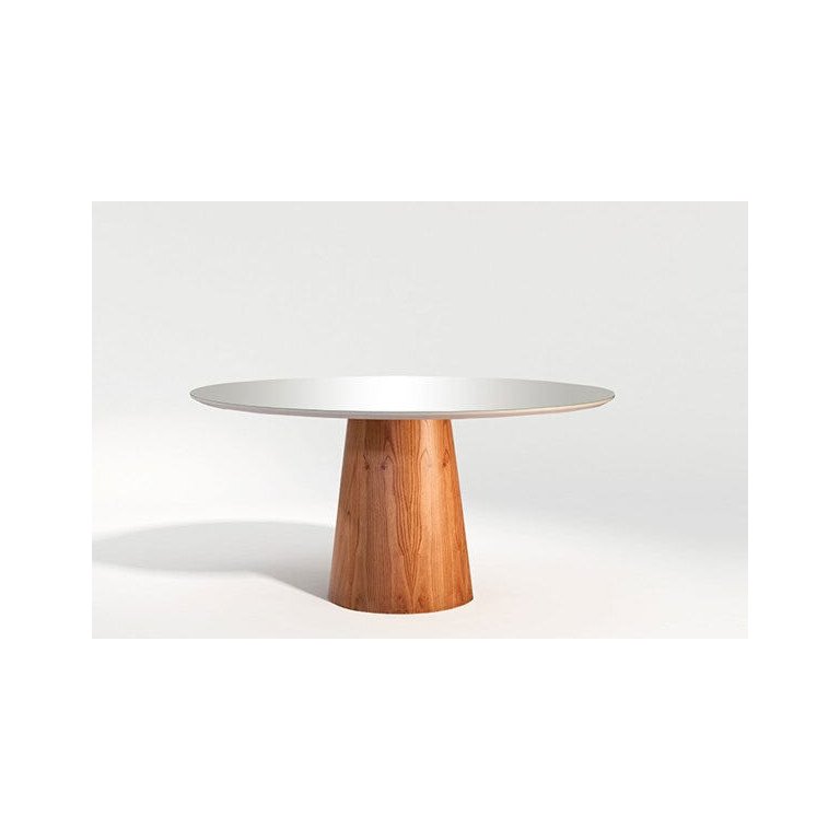 Mesa de Jantar Cone Redonda 110cm em Laca 4 a 6 Lugares - Branco e Madeira Cinamomo