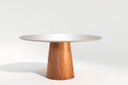 Ver imagem 1 de Mesa de Jantar Cone Redonda 110cm em Laca 4 a 6 Lugares - Branco e Madeira Cinamomo