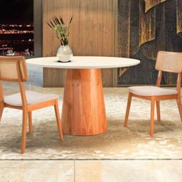 Mesa de Jantar Cone Redonda 110cm em Laca 4 A 6 Lugares - Branco e Madeira Feijó - 2