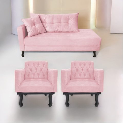 Kit Diva Recamier Azura 185cm Lado Direito e 02 Poltronas Classic Suede Rosa Bebê - Amarena Móveis
