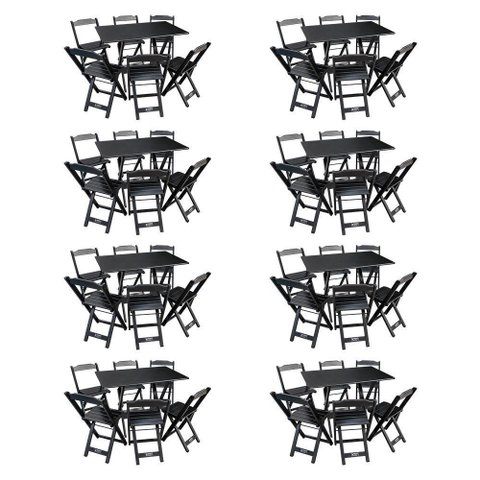 Kit 8 Conjuntos de Mesa Dobráveis de Madeira 70x110cm com 6 Cadeiras Preta - Cor: Preto