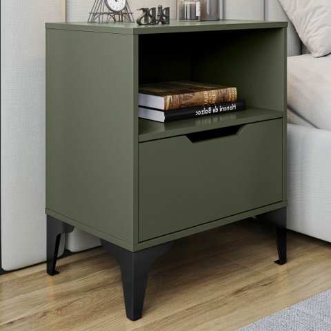 Mesa de Cabeceira Vegas 1 Gaveta com Nicho Base de Aço Design Moderno - Verde/pé Preto