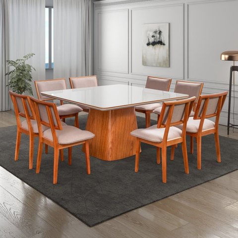 Conjunto Mesa Bérgamo com 8 Cadeiras em Madeira Maciça Estofada Bréscia Espresso Móveis Marrom/Champ
