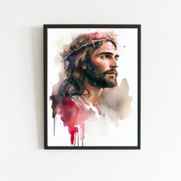 Quadro Aquarela Jesus Cristo 45x34cm - com vidro:Madeira preta - 2