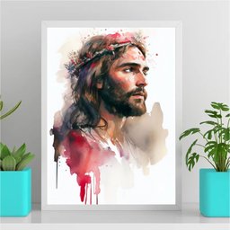 Quadro Aquarela Jesus Cristo 45x34cm - com vidro:Madeira preta - 1