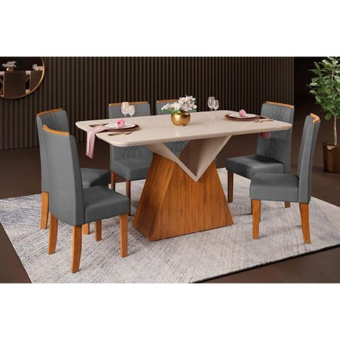 Sala de Jantar Completa Argo C/ Tampo Madeirado C/ Vidro Curvo 136x90cm e 6 Cadeiras Zoe Freijo/off