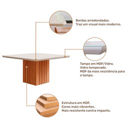 Mesa de Jantar Ana Quadrada 1 Tampo em MDF e Vidro 130cm 1 Base Cozinha Moderna Marrom Off White - C - 3