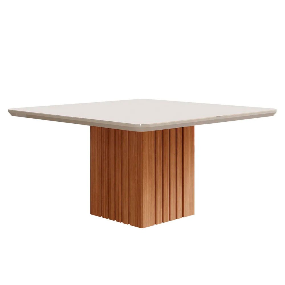 Mesa de Jantar Ana Quadrada 1 Tampo em MDF e Vidro 130cm 1 Base Cozinha Moderna Marrom Off White - C - 1