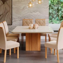 Mesa de Jantar Ana Quadrada 1 Tampo em MDF e Vidro 130cm 1 Base Cozinha Moderna Marrom Off White - C - 2