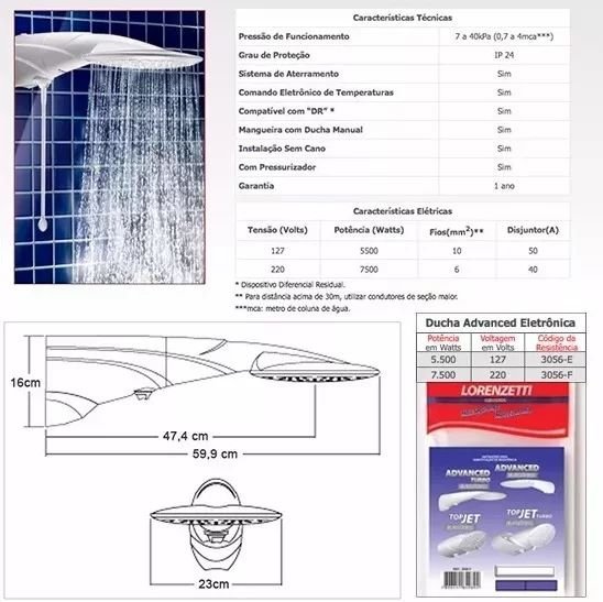 DUCHA ADVANCED TURBO ELETRONICA 220V 7500W LORENZETTI 371805 - 3