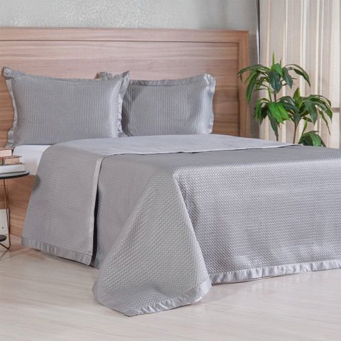 Kit Colcha Casal Satinatta Cetim 100% Póliéster 220x240cm Cinza Soft