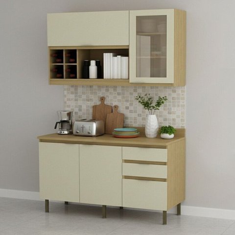 Cozinha Modulada 3 Peças 1 Aéreo 1 Balcão 120cm com Tampo. Bege/Nature