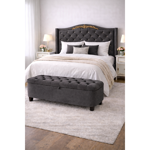 Kit de Quarto Lisboa Cabeceira de Cama Box e Calçadeira Baú Queen 160 Cm Suede Cinza Grafite Eli Móv