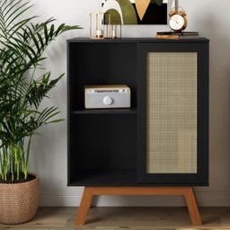 Balçao Alto Aparador Buffet com Porta de Correr Rattan Pés em Madeira Preto - 2