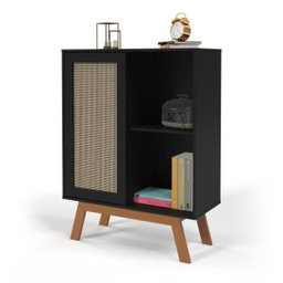 Balçao Alto Aparador Buffet com Porta de Correr Rattan Pés em Madeira Preto - 1