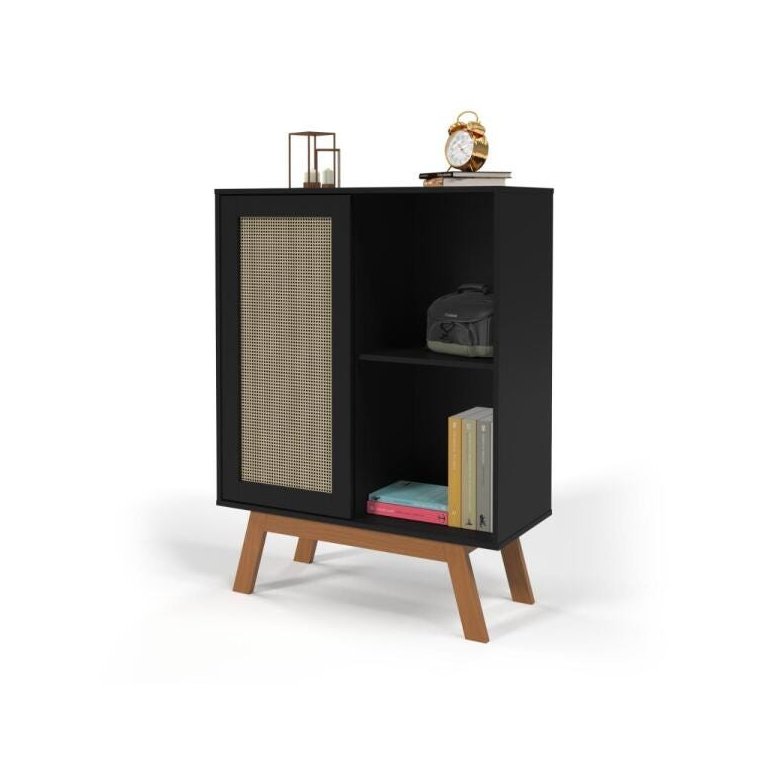 Balçao Alto Aparador Buffet com Porta de Correr Rattan Pés em Madeira Preto