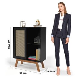 Balçao Alto Aparador Buffet com Porta de Correr Rattan Pés em Madeira Preto - 3