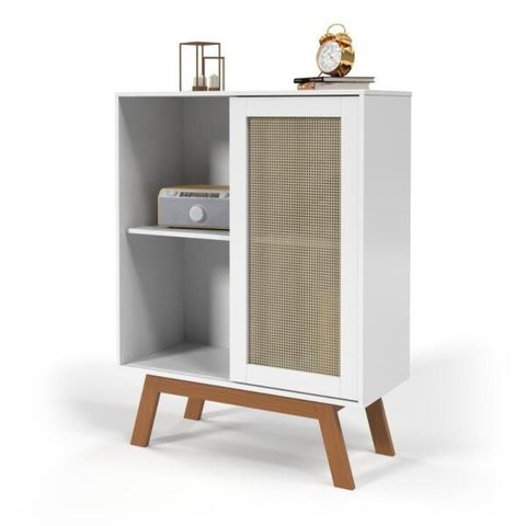 Balcão Alto Aparador Buffet com Porta de Correr Rattan Pés em Madeira Branco