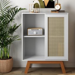 Balcão Alto Aparador Buffet com Porta de Correr Rattan Pés em Madeira Branco - 2