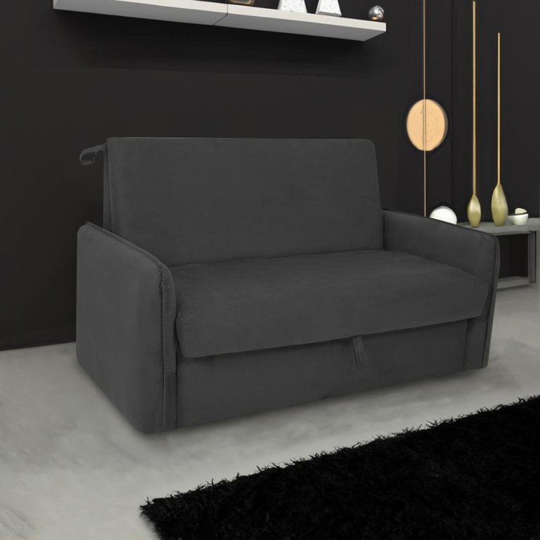 Sofá Cama para Sala de Estar Zaia com Baú Suede Matrix - Cinza