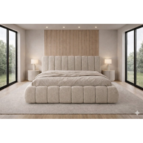 Cama Estofada Queen em Linho Bege Luxo com Cabeceira Alta Design Moderno Aconchegante