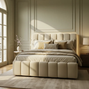 Ver imagem 3 de Cama Estofada Queen em Linho Bege Luxo com Cabeceira Alta Design Moderno Aconchegante