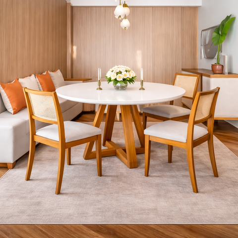 Mesa Redonda Sala de Jantar 4 Lugares Madeira Maciça Off White Pérola Pequena Compacta