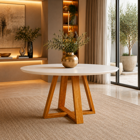 Mesa Redonda Sala de Jantar 4 Lugares Madeira Maciça Off White Pérola Pequena Compacta