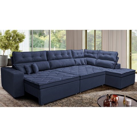Sofá de Canto Retrátil e Reclinável Direito 3,40x2,36m Molas Cama inBox Espanha Velusoft Azul