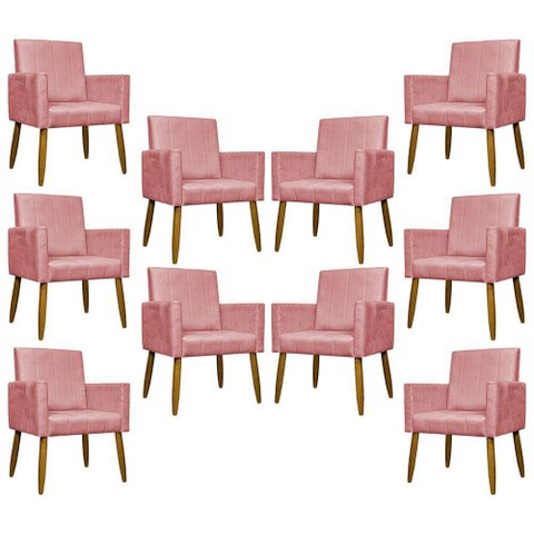 Kit 10 Poltronas Decorativas Mari Pé Palito Castanho - Rosê Suede