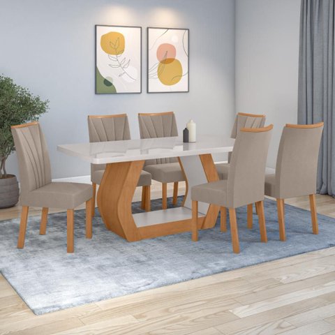 Conjunto Sala de Jantar Mesa Easy Tower 170x90cm Mdf/vidro com 6 Cadeiras Confort Suede Bege Amendoa