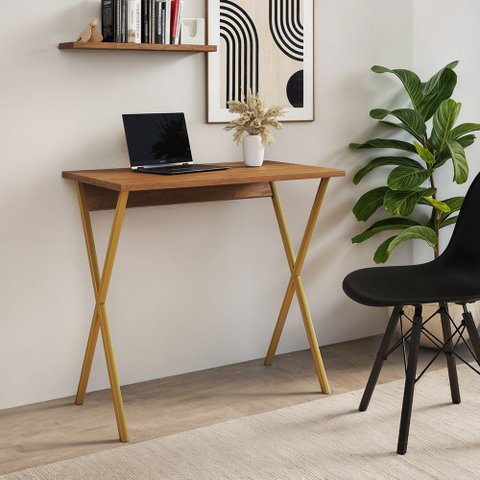 Mesa de Escritório X 80x46 para Trabalho e Estudo com Base em Ferro - Ferro Dourado Tampo Amêndoa