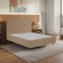Ver imagem 1 de Kit Cama Box Queen e Cabeceira em Madeira Maciça Estofada com Botões Capitonê Queen Charlotte Bege/Dourado