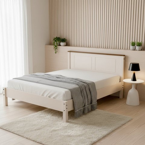 Cama Casal 158cm com Pés em Maderia Maciça Joy Branco/Off White