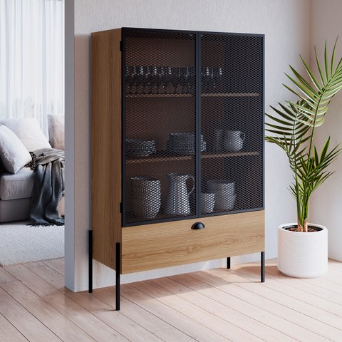 Cristaleira York Estilo Industrial 93cm 02 Portas 01 Gaveta 27897 Artesano - Hanover/preto