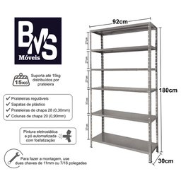 Estante Aço 6 Prateleiras com reforço 30cm 15kg/prateleira cor Cinza - 3