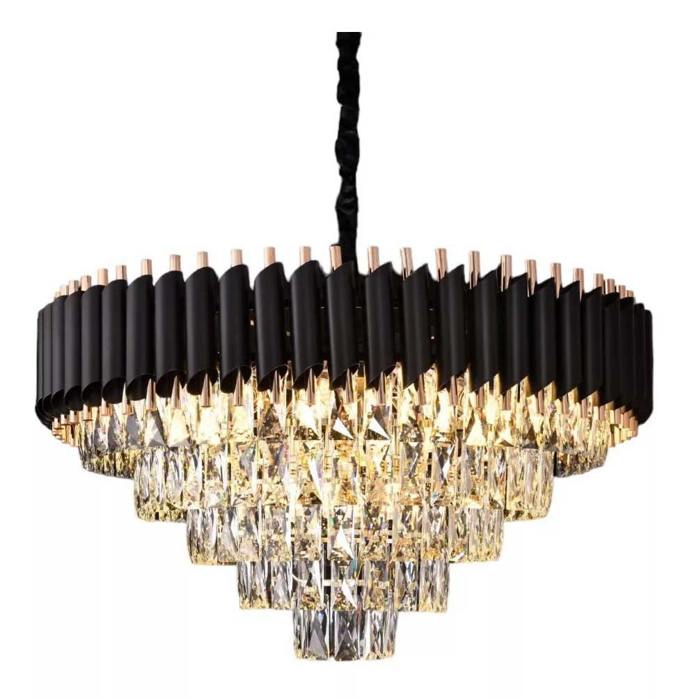 Lustre Redondo Preto e Dourado com Cristais 11E14 70cm PARIS LUZ