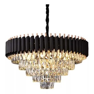 Lustre Redondo Preto e Dourado com Cristais 11E14 70cm PARIS LUZ