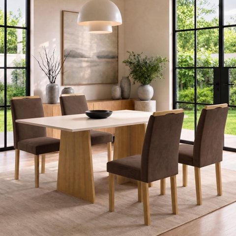 Conjunto de Sala de Jantar 4 Lugares Retangular Lyra MDF Cinamomo Off White Marrom