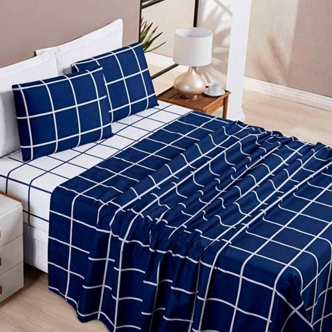 Jogo de Lençol Minimalista King 4 Peças Percal 200 Fios Quadriculado - Azul Marinho - 100% Polié