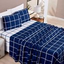 Ver imagem 1 de Jogo de Lençol Minimalista King 4 Peças Percal 200 Fios Quadriculado - Azul Marinho - 100% Polié