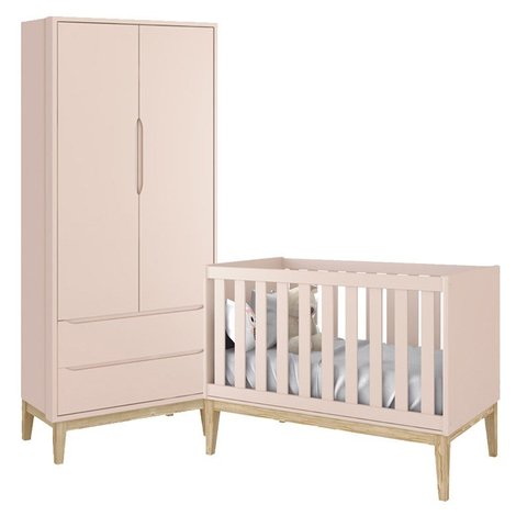 Jogo de Quarto Classic Guarda Roupa 2 Portas e Berço Rosa Fosco com Pés Madeira Natural - Reller Móv