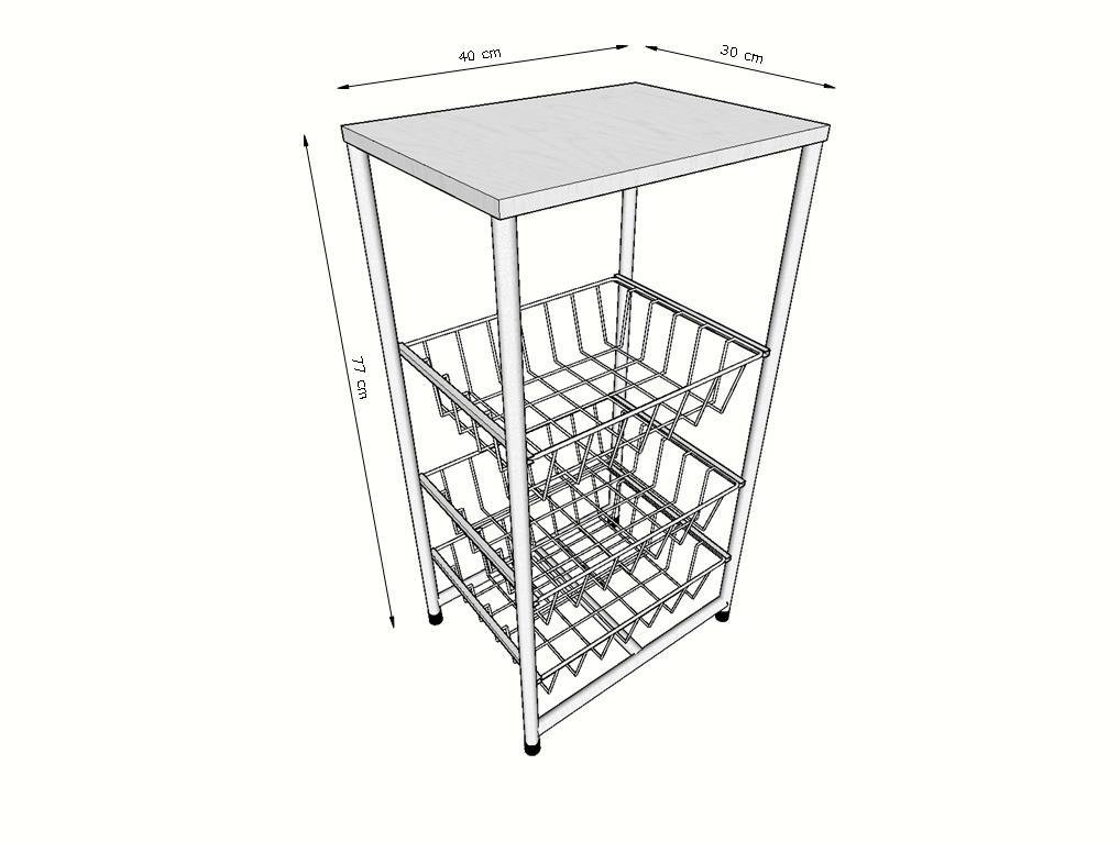 Fruteira de Chão Cozinha Aço Mdf 3 Cestos Multiuso Rodinha - 2