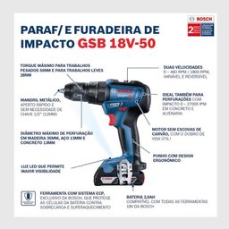 Parafusadeira Furadeira Impacto Gsb18v-50 Bivolt 2 Bat Bosch - 6