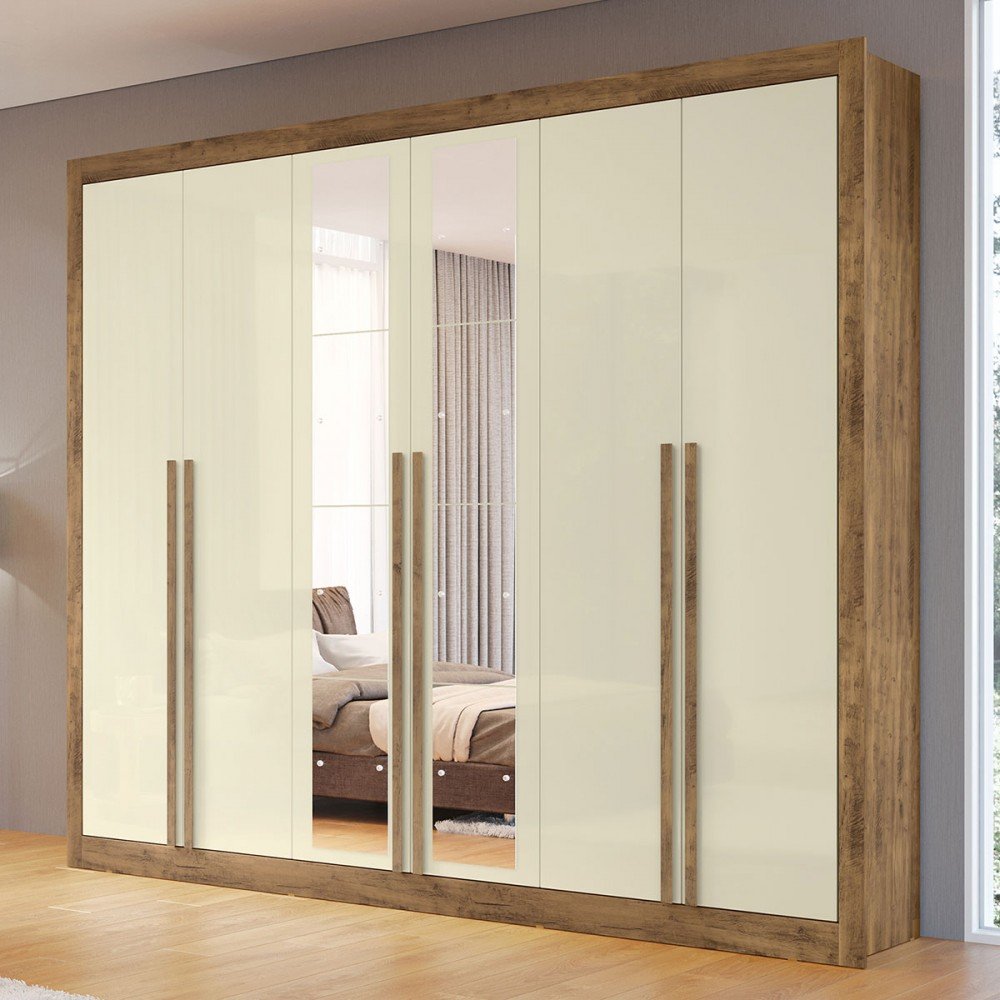 Guarda-roupa Casal Cannes 6 Portas 6 Gavetas com Espelho Ipê/off