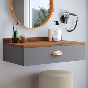 Penteadeira Gloss para Maquiagem Camarim com 1 Gaveta Puxador Concha Suspensa - Cinza/ Freijó